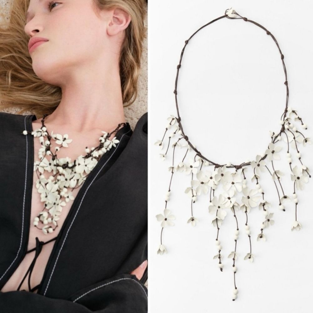 New ZARA Casscading Flowers Ecru Cord Necklace | NWOT